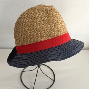 Woven Paper Straw Cloche Hat Tan Red Navy Blue Colorblock Sun Hat OSFM